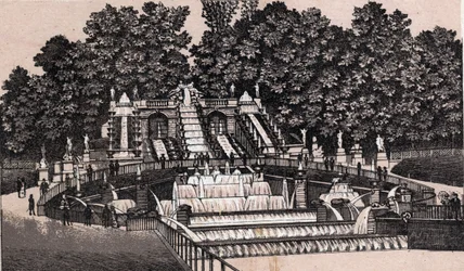 Näkymä suurelle vesiputoukselle Saint Cloudin puistossa (Saint-Cloud), Ranska. kirjassa "" Maailma havainnollistaa 168 näkymää"" Päiväämätön (1800-luvun loppu)