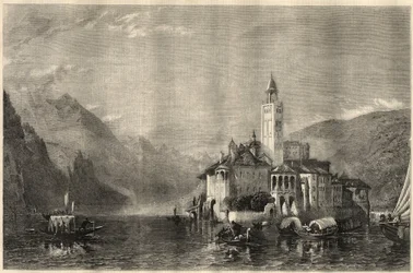 Näkymä Mater Ecclesiaen luostarista Saint Julesin (Saint Jules) saarella (San Giulio) Orta-järvellä (Cusiojärvi) Italiassa. Kaiverrus William Collingwood Smithin (1815-1887) maalauksen jälkeen. "The Illustrated London News" -lehdessä 22. maaliskuuta