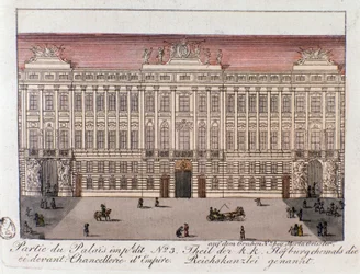Näkymä Keisarillisen palatsin osasta nimeltä Chancery of Empire Wienissä. Itävalta. Kaiverrus 1815 Yksityiskokoelmasta