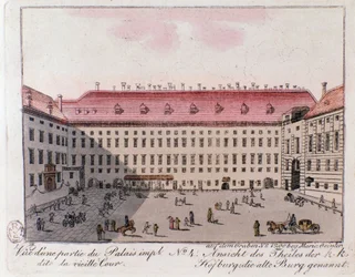 Näkymä keisarillisen palatsin osasta, jonka nimi on Vanha tuomioistuin Wienissä. Itävalta. Kaiverrus 1815 Yksityiskokoelmasta