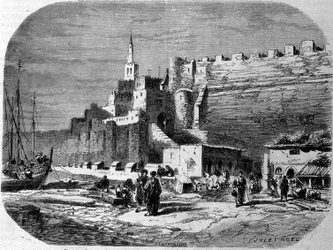 Näkymä Tangerin linnoitetun kaupungin satamaan ja Marokon rannikolle. Kaiverrus vuodelta 1860.