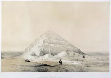Näkymä Sakkaran (Sakkarah) pyramidista. Egypti. Kuva 1800-luvun Pariisista, Ranskan korkeakoulusta