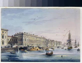 Näkymä palatsin laiturille Pietarissa (Venäjä). (Marie Taglionin albumilta). Nimetön työ, akvarelleilla tehostettu kaiverrus, n. 1840. 1800-luvun taidetta, klassismia. A.S. Pushkinin valtionmuseo, Moskova.