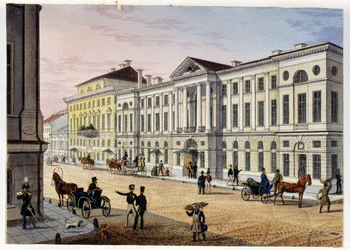 Ulkonäkymä Hotel des Postes de Saint Petersburgista (Album de Marie Taglioni) (Post Hotel Pietarissa (Marie Taglionin albumi). Nimetön etsaus ja akvarelli, 1840-luku. Moskova, A. S. Pushkinin valtionmuseo).