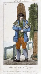 Kävelevä parsasaappaiden kauppias - "" Cris de Parisissa"", deb. 1800-luvulla