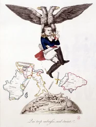 Se, joka myös syleilee pahasti, syleilee: kylvättyään kuoleman kaikkialle Eurooppaan Napoleon liittyy Elban saareen kotkan kantamana - "" Napoleon 1st, karikatyyreissä, nukkekokoelma", n. 1814