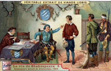 William SHAKESPEARE (1564-1616) syytetty salametsästyksestä vuonna 1584. Chromo liebig 1800-luvun lopulta.