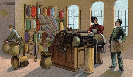 Villateollisuus, kampaus. 1800-luvun lopun kromolitografia