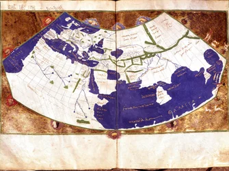 Kreikkalaisen tähtitieteilijän ja astrologin Claudius Ptolemeuksen (Claude Ptolemee, 90-168 ap JC) maailmankartta - Tasaisen maan esitys ilman pohjois- ja etelänapaa ja ilman Amerikkaa Sisältää - 1400-luvun käsikirjoitus - Venetsia, Biblioteca Marciana