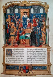 Kirjoittaa elämäkertaa: "" Philippe de Comines (Comynes tai Comines) (1447-1511) sanelee muistomerkkinsä ennen Ludvig XI:tä"" Miniatyyri otettu "" Memoires de Philippe de Comynesista""" 1489-1498 Paris, B.N.