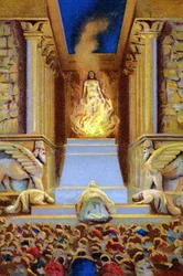 Zarathustra (Zarathustra, Zarathushtra, Zarathustra tai Zoroaster) kuoli liekin ympäröimässä temppelissä. Kromolitografia 1800-luvulta.