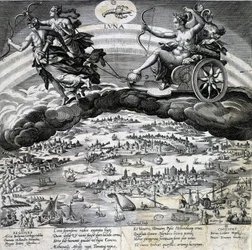 Horoskooppimerkki Syöpä. Kuu, esitys Semeleen tankista. Kaiverrus 1800-luvulta.