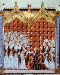 voitelemassa Ranskan kuningasta evequesin ja hänen paroniensa läsnäollessa. Miniatyyri "" Rational des divins -toimistoissa" (folio 44v)