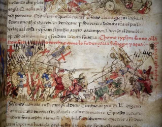 Ristiretkeläisten tappio vuonna 1396 - teoksessa "Croniche del Sercambi", noin 1400. Kansallisarkisto, Lucca.