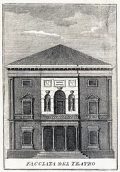 Fenice-teatterin julkisivu Venetsiassa 1800-luvun puolivälissä.