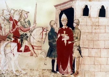 paavi Bonifatius VIII (1294-1303) täällä vankina Anagnissa vuonna 1303, kuva 1300-luvun käsikirjoituksesta