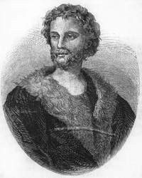 Mathurin Régnierin muotokuva. Ranskalainen runoilija (1573-1613) Kaiverrus vuodelta 1866.