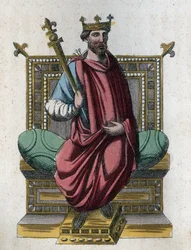 Otto I:n, myös Otto Suurena tunnetun (912-973) Pyhän saksalais-roomalaisen keisarikunnan keisarin muotokuva (Pyhän valtakunnan Otto I, Otto Suuri; Ottone I di Sassonia, detto Ottone il Grande) - kaiverrus teoksesta "Usi e Costumi di Tutti i Popoli