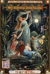 Nereidien, merinymfien esitys. 1800-luvun kromolitografia