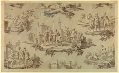 Piirustus, sarjakuva puuvillapainatusta varten: Belisairen elämä [La Vie de Bélisaire], n. 1820.