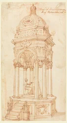 Piirros, bolgonalaisen taiteilijan Elisabetta Siranin (1638-1665) katafalkki, 1665.