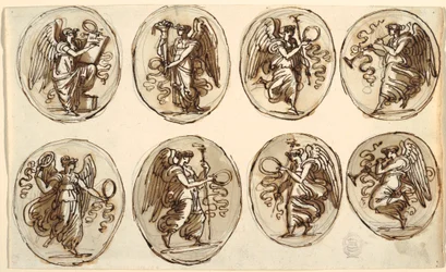 Piirustus, kattosuunnittelu, historia, Runsaus kuudessa ovaalissa, Herkules- ja Hebe-sali, Palazzo Gessi, Faenza, 1813