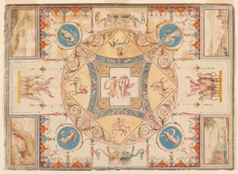 Piirros, Hadrianuksen huvilan katto, jossa on nymfejä, kentaureja, hirviä ja norsuja, n. 1785.