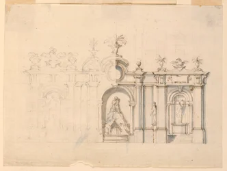 Piirustus, Colonnadi suihkulähteineen, n. 1770.