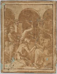 Piirustus, jäljennös Albrecht Dürerin vuonna 1511 julkaistun Pienen passion Orjantappurakruunauksesta, 1525-1600