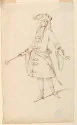 Piirustus, pukusuunnittelu: Aatelismies, kuningas tai prinssi balettia varten, n. 1720.