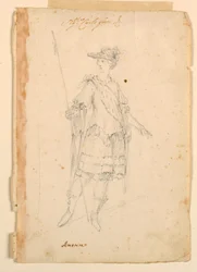 Piirustus, pukusuunnittelu: Amerikka balettia varten, n. 1720.