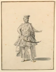 Piirustus, pukusuunnittelu: Giuseppe Galli Bibienan suunnittelemaan lavastukseen, 1719.