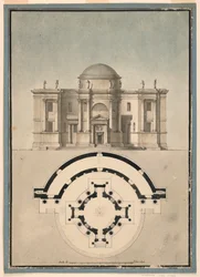 Piirustus, Suunnitelma klassisesta temppelistä, jossa on Tempietto ja puoliympyrän muotoinen aedicula, n. 1780.
