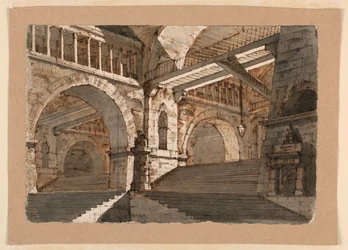 Piirustus, näyttämösuunnitelma, linnoitetun palatsin maanalaiset portaat ja galleriat, n. 1800.