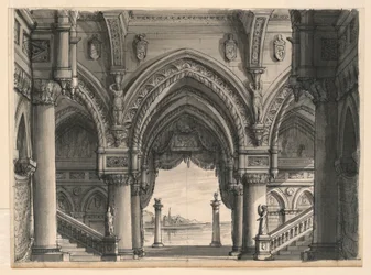Piirustus, näyttämösuunnitelma, näkymä palatsista Venetsiassa, 1832
