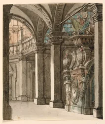 Piirustus, näyttämösuunnitelma, näkymä apsikseen, 1700-luvun alku