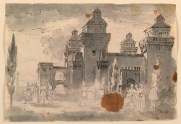 Piirustus, näyttämösuunnitelma, näkymä linnaan, 1810-1820