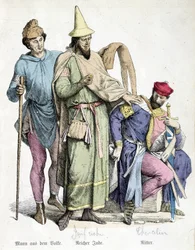 1000-luvun puvut: Mies kepillä, rikas juutalainen ja ritari. Kaiverrus 1800-luvulta.