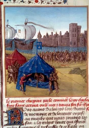 8. ristiretki: Saint Louis (Louis IX) (1214/1215-1270) kuoli ruttoon Tunisissa. Miniatyyri otettu "" Le livre des faits de Monseigneur Saint Louis -kirjasta"" 1400-luvun Pariisi, B.N.