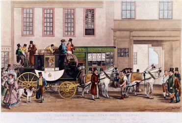 A Diligence Star-hotellin edessä”” Oxfordissa vuonna 1831”” Kaiverrus 1800-luvulta.