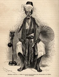 Hindu uskonnollinen kerjäläinen. Kaiverrus havainnollistamaan matkaa Intian pituuspiiriprovinsseissa, Alfred Grandidier, 1862-1864, julkaistu "" Le tour du monde""" 1869, toimittanut Edouard Charton, painos Hachette, Paris. Selva Collection.