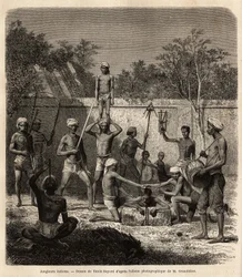 Joukko intialaisia jonglöörejä. Kaiverrus havainnollistamaan matkaa Intian pituuspiirin provinsseissa, Alfred Grandidier, 1862-1864, julkaistu "" le tour du monde" -julkaisussa, D