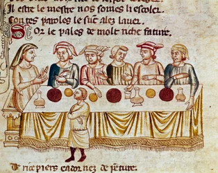 Juhlakohtaus: kuningas ja hänen vieraan pienoiskuva elokuvasta "Entree of Spain". 1300-luvun Venetsia, Biblioteca Marciana.