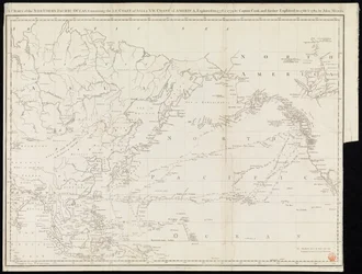 Tyynen valtameren pohjoisosan kartta, joka sisältää Aasian koillisrannikon ja Amerikan luoteisrannikon, jonka kapteeni Cook tutki vuosina 1778 ja 1779 ja jonka John Meares tutki edelleen vuosina 1788 ja 1789 (painettu).