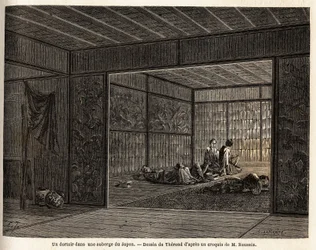 Asuntola majatalossa Japanissa. Kaiverrus havainnollistamaan matkaa Japaniin vuosina 1863-1864, Sveitsin valaliiton ministeri Aime Humbert, "Le tour du monde, nouveau journal des voyages", julkaistu Edouard Chartonin johdolla.