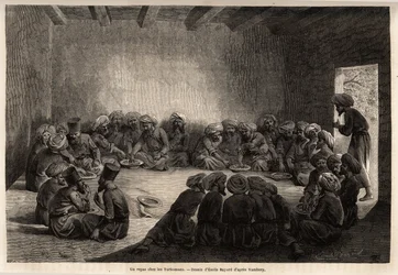Ateria turkomaanien luona (Irak). Emile Bayardin (1837-1891) piirustus havainnollistamaan matkaa Keski-Aasiaan vuonna 1863, Arminius Vamberyn (unkarilainen tiedemies naamioitunut dervishiin). Kaiverrus kirjassa "" Le tour du monde", toimittanut Edouard Cha