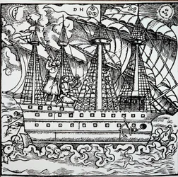 Navigaattori portugalilaisella karavellilla käyttäen astrolabia. Kaiverrus saksalaisen merenkulkijan Hans Stadenin (1525-1579) matkatarinoista