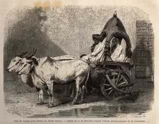 Kahden valkoisen härän ampuma matkatankki naisille tai varakkaille hinduille. Alfred Grandidierin kaiverrus havainnollistamaan matkaa Intian meridionaalisissa provinsseissa vuosina 1862-1864, julkaistu "" le tour du monde" -lehdessä, D