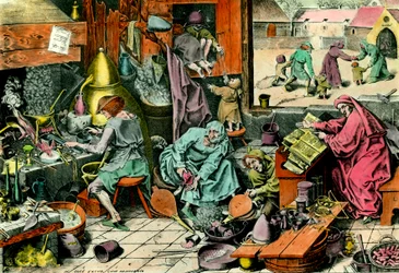 Alchemy Laboratory Alkemisti, joka neuvoo grimoirea. Kaiverrus 1500-luvun yksityiskokoelmasta