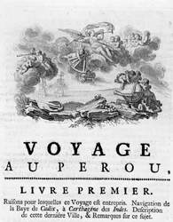 Allegoria "" Matkasta Peruun"". Kuvitus "" Historical Journey of America Meridionale, jonka teki Espanjan kuninkaan ritarikunta", Don Georges Juan ja Don Antoine de Ulloa, Librairie du Roi, Paris